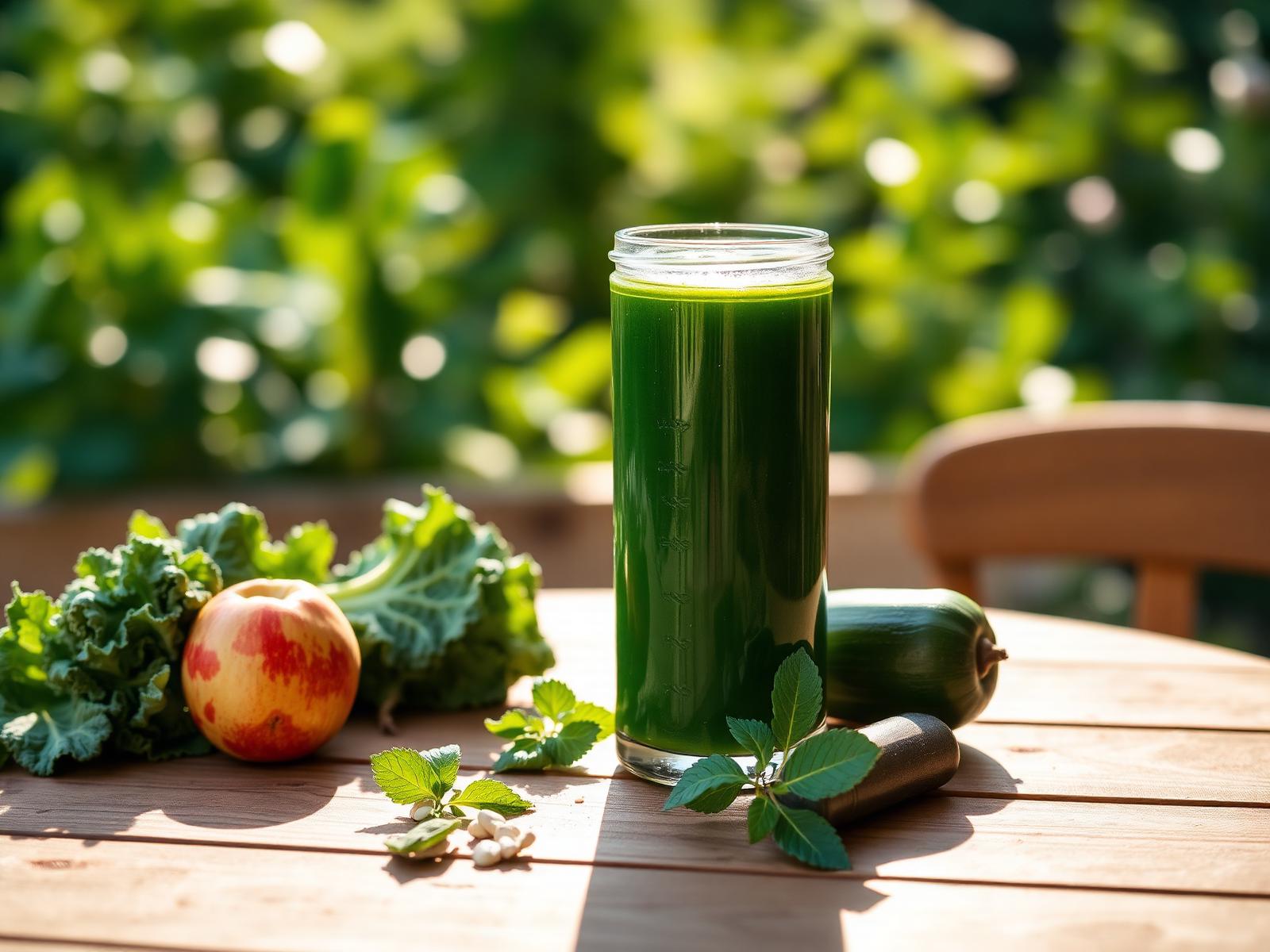 Tall mason jar of vibrant green cold-pressed juice on a sunlit garden table