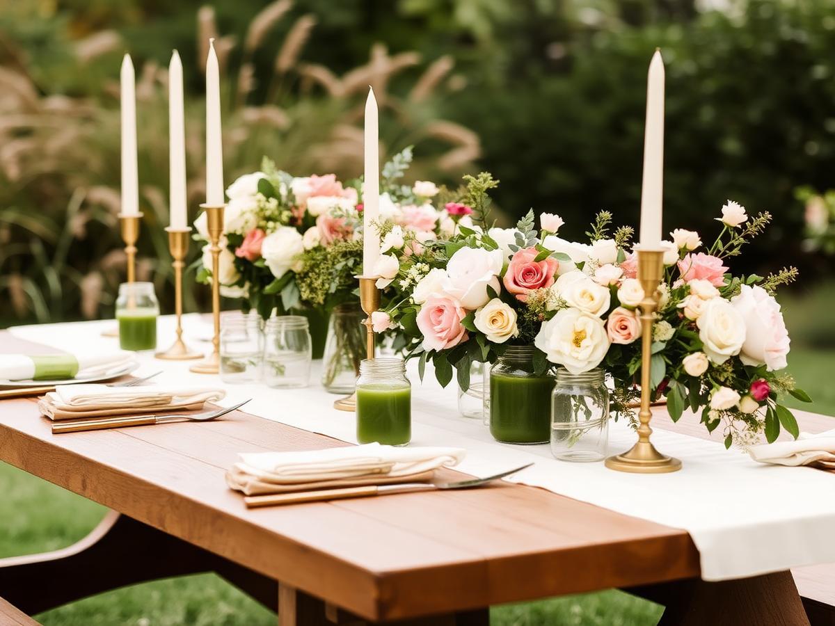 Elegant outdoor tablescape with green juice mason jars