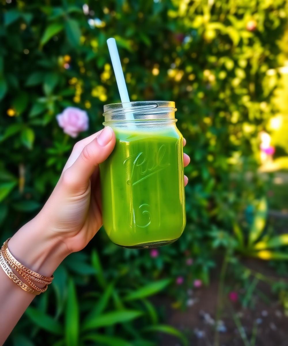 Hand holding a mason jar of green juice in a sunlit garden
